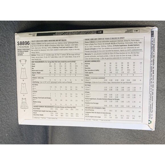 Simplicity Girls Dress Sewing pattern Sz 3-8 S8896 - Uncut - Picture 3 of 4